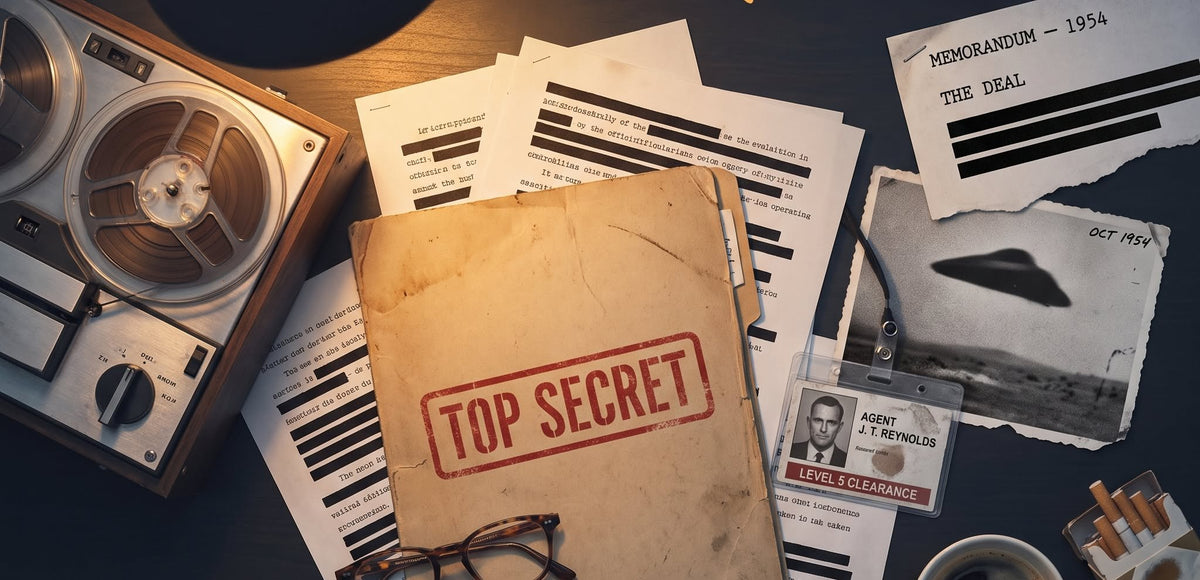 A top secret folder, redacted memos and a 1954 UFO photo on a desk