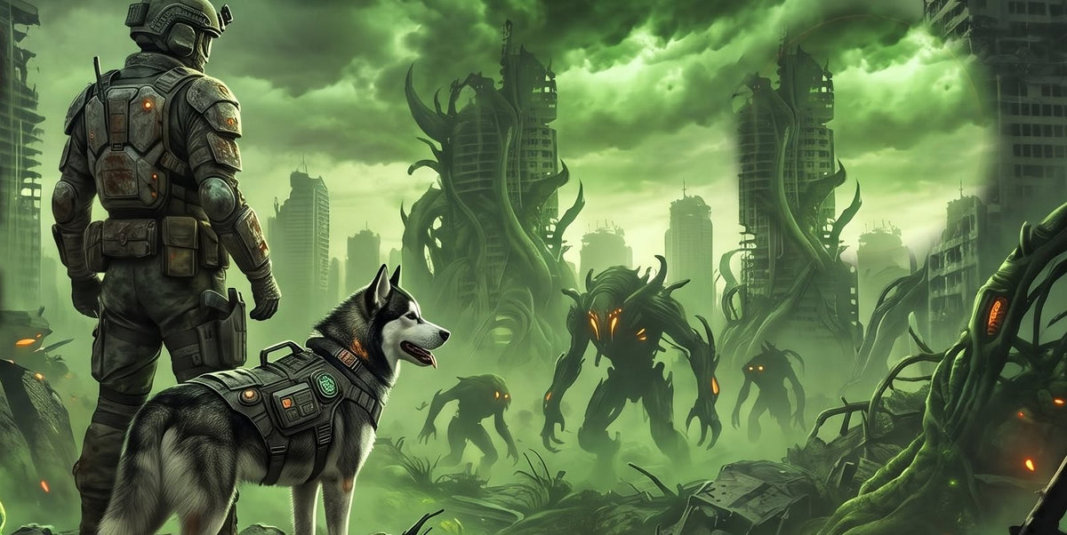 Night-vision drone view of a soldier and his dog watching creatures move through a ruined city