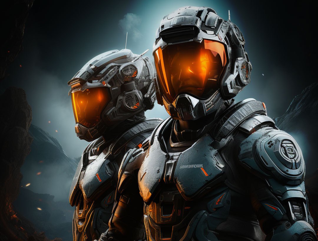 Two armoured soldiers in orange-visored helmets